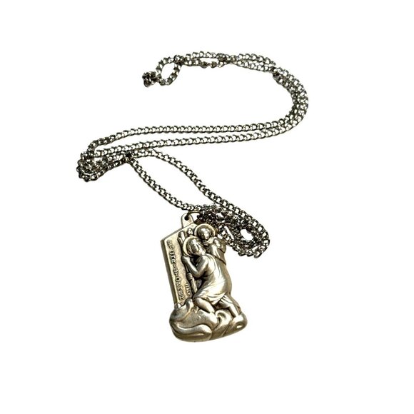 St Christopher Pendant Necklace Silver Tone Religious Medal Unisex Jewelry - Picture 7 of 9